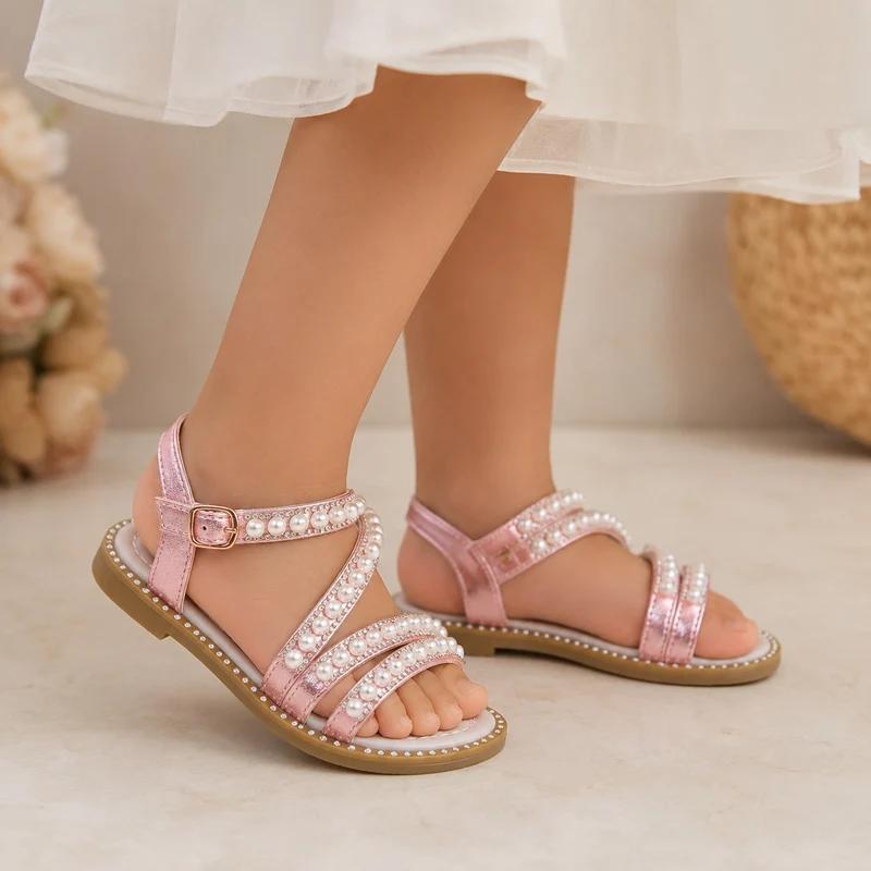 Girls' Sandals with Pink Straps and Shiny Pearls