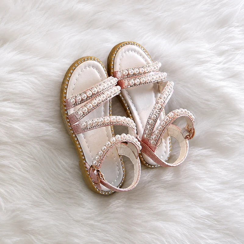 Girls' Sandals with Pink Straps and Shiny Pearls