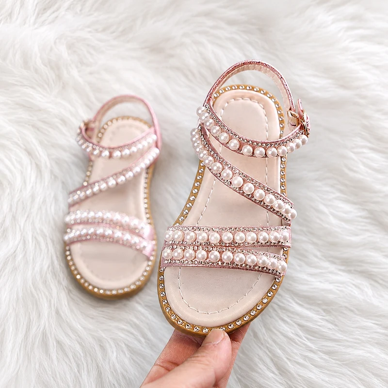 Girls' Sandals with Pink Straps and Shiny Pearls