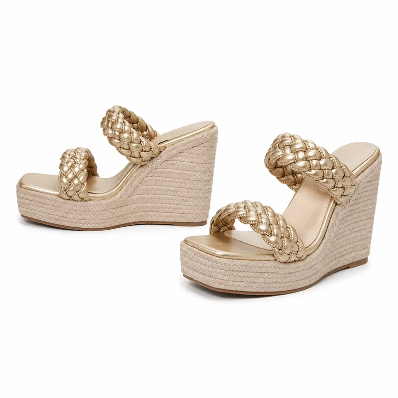 Gold Wedge Heel Sandal with Twisted Straps