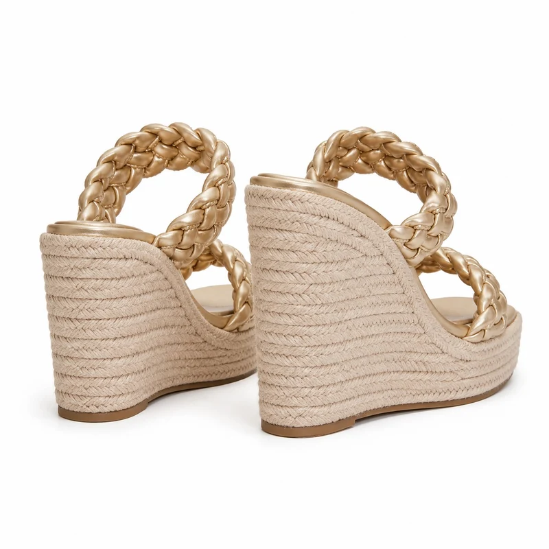 Gold Wedge Heel Sandal with Twisted Straps