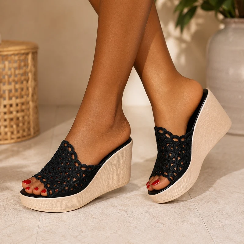 Black Thick Lace Wedge Heel Sandal