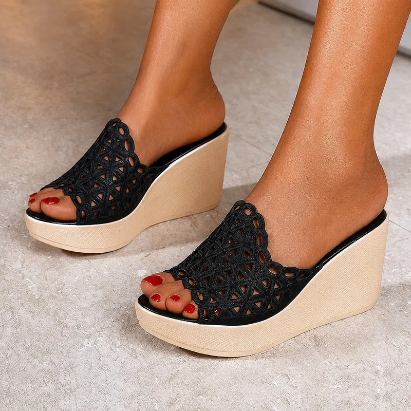 Black Thick Lace Wedge Heel Sandal