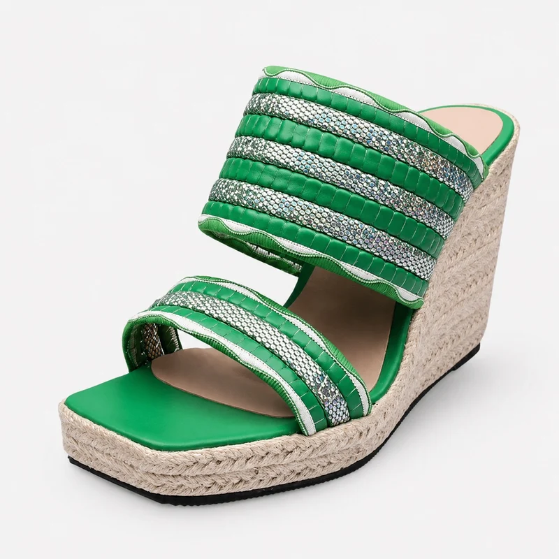 Green Designer and Shiny Wedge Heel Sandal