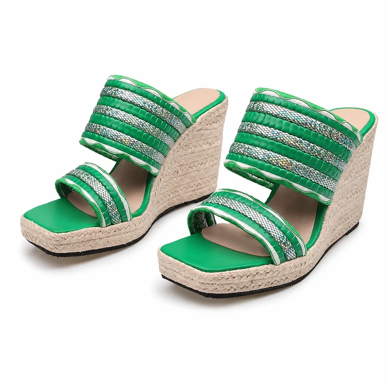 Green Designer and Shiny Wedge Heel Sandal