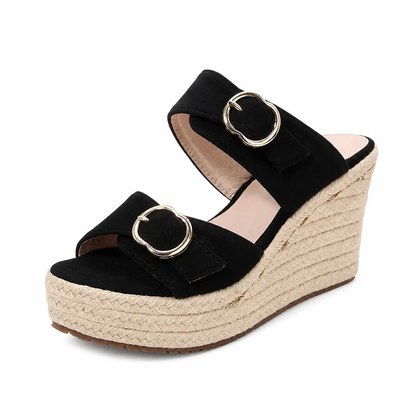 Black Slipper Style Wedge Heel Sandal