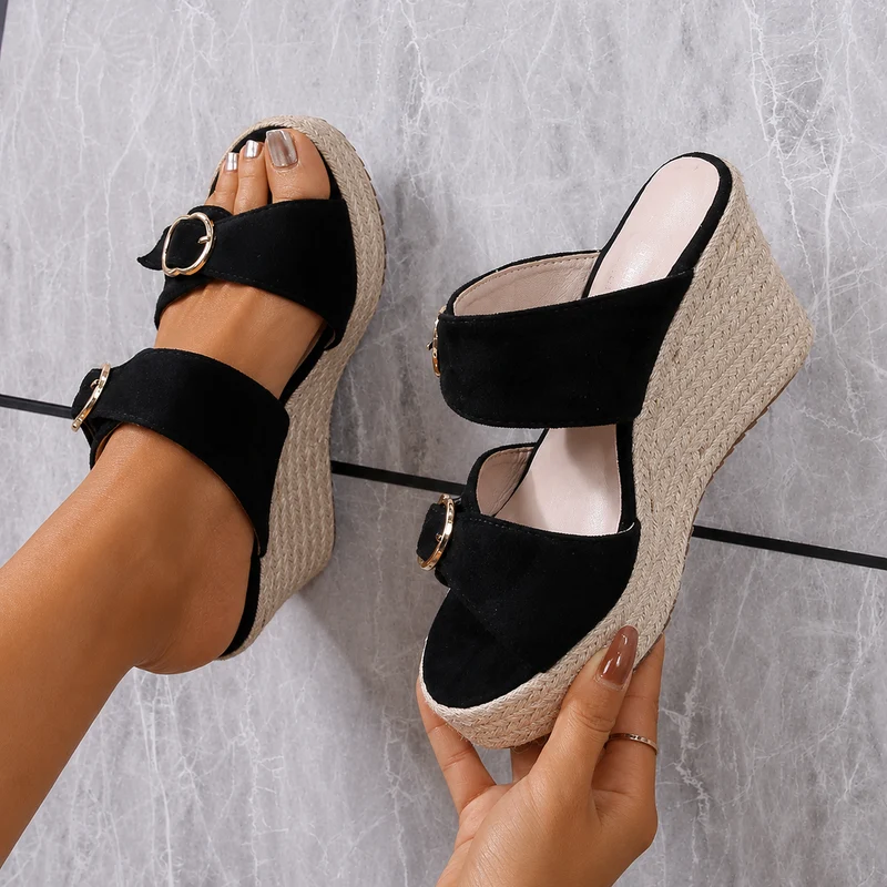 Black Slipper Style Wedge Heel Sandal