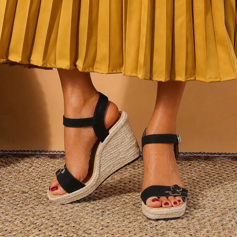 Black Strappy Wedge Heel Sandal