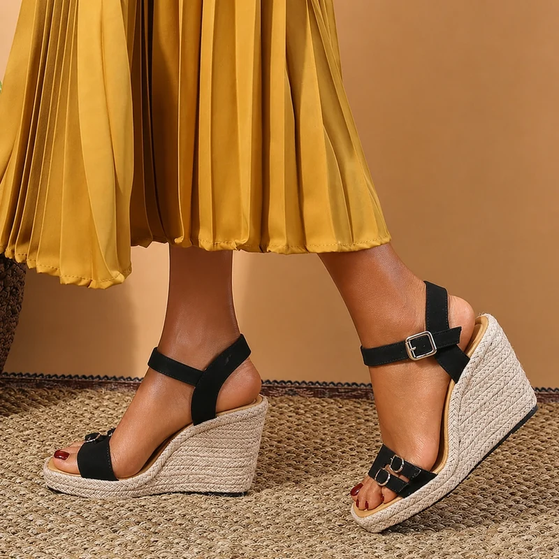 Black Strappy Wedge Heel Sandal