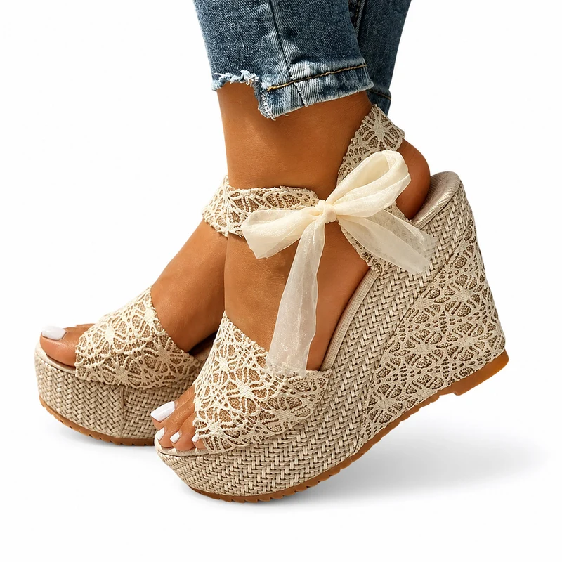 Gold Lace Wedge Heel Sandal