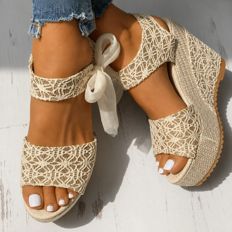 Gold Lace Wedge Heel Sandal