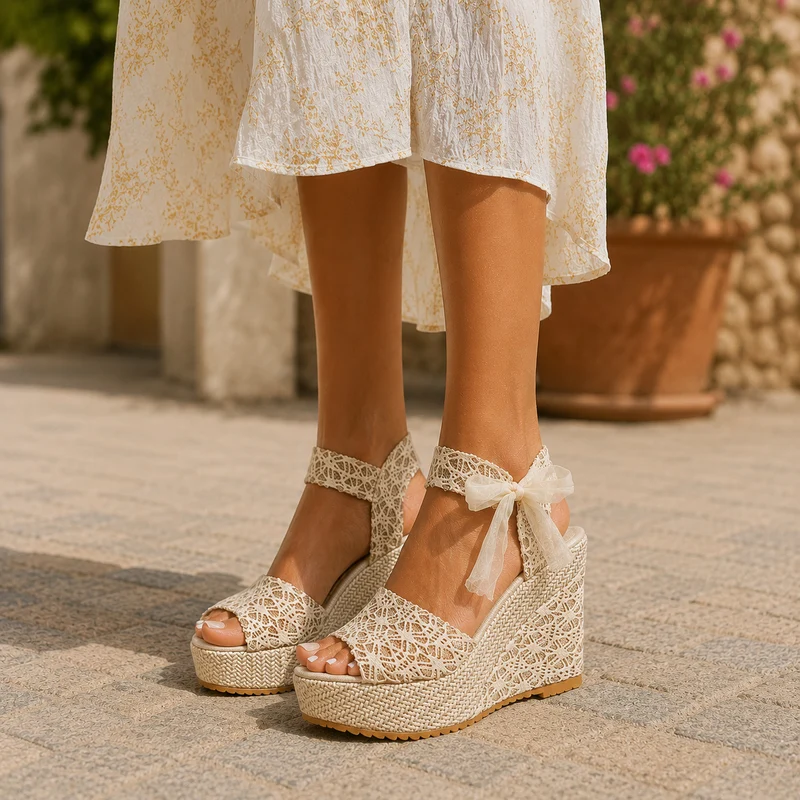 Gold Lace Wedge Heel Sandal