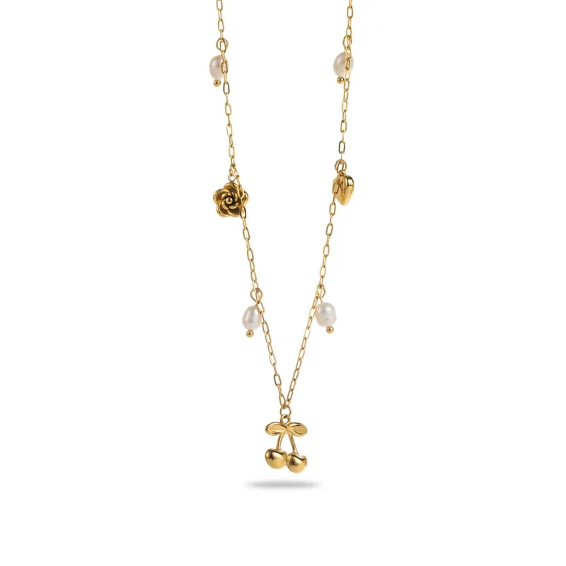 Collier Petite Cerise Dorée & Perle Nacre acier inoxydable