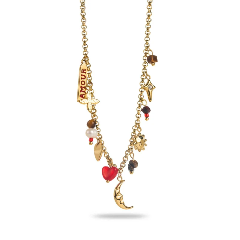 Collier Petite Lune Doré à Charms Rouge acier inoxydable