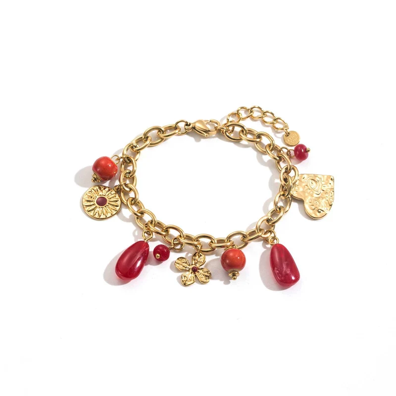 Bracelet Chaîne Doré à Charms Rouges acier inoxydable