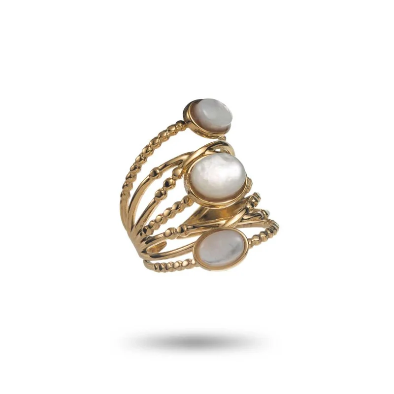 Bague Dorée 3 Pierres Nacrées acier inoxydable