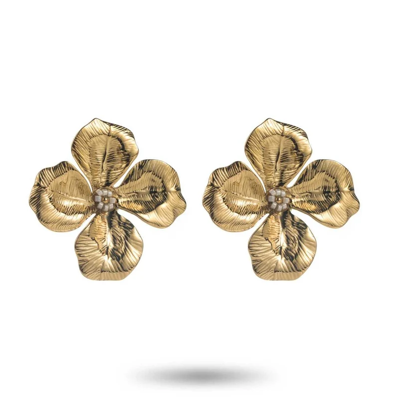 Boucles d’Oreilles Fleur Dorée avec Perles Blanches acier inoxydable