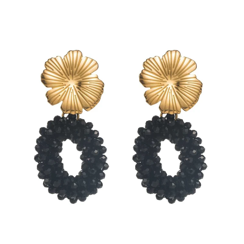 Boucles d’Oreilles Fleur Dorée & Anneaux Perles Noires acier inoxydable