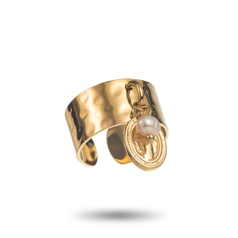 Bague Dorée Breloque Pièce Martelée & Perle acier inoxydable