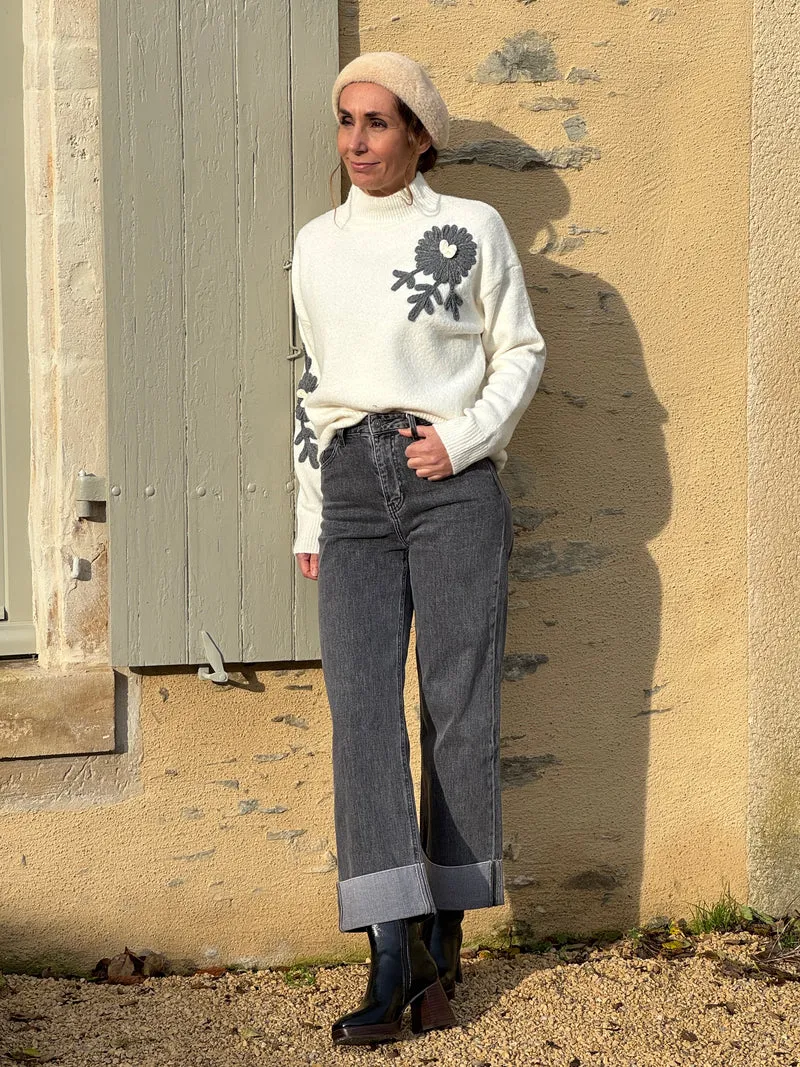 Pull écru fleurs argentés col montant FAUVE
