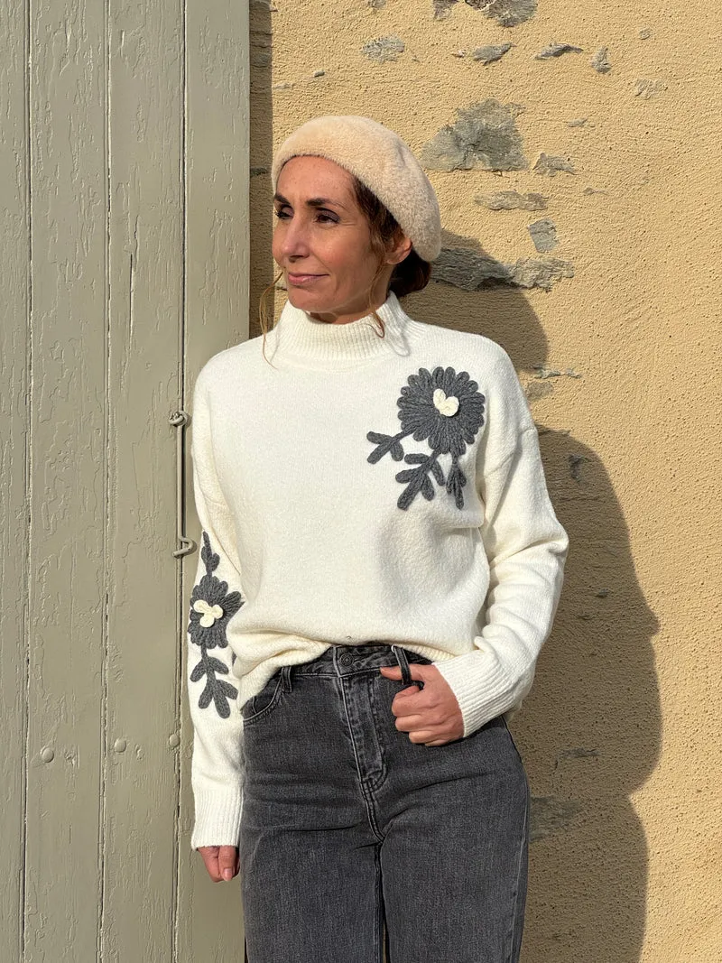 Pull écru fleurs argentés col montant FAUVE