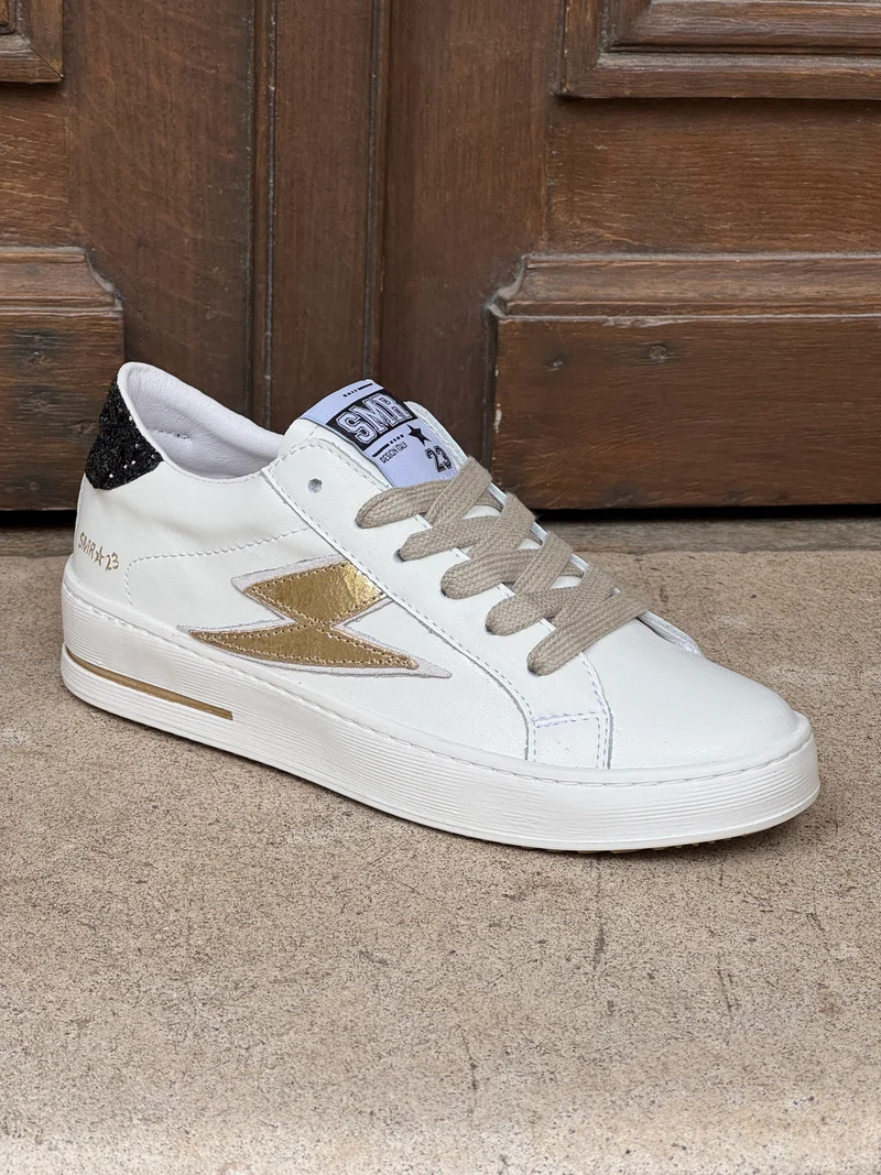 Basket cuir blanc doré et paillettes noires MAYA D370 Semerdjian