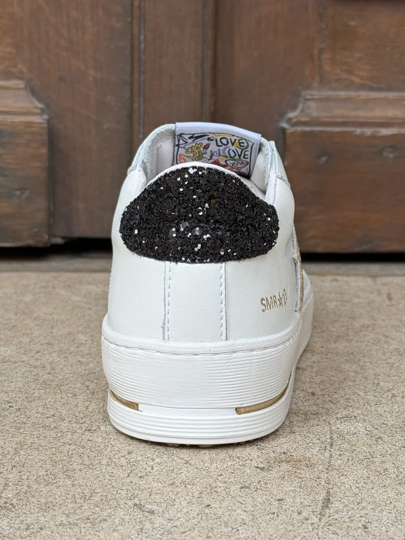 Basket cuir blanc doré et paillettes noires MAYA D370 Semerdjian