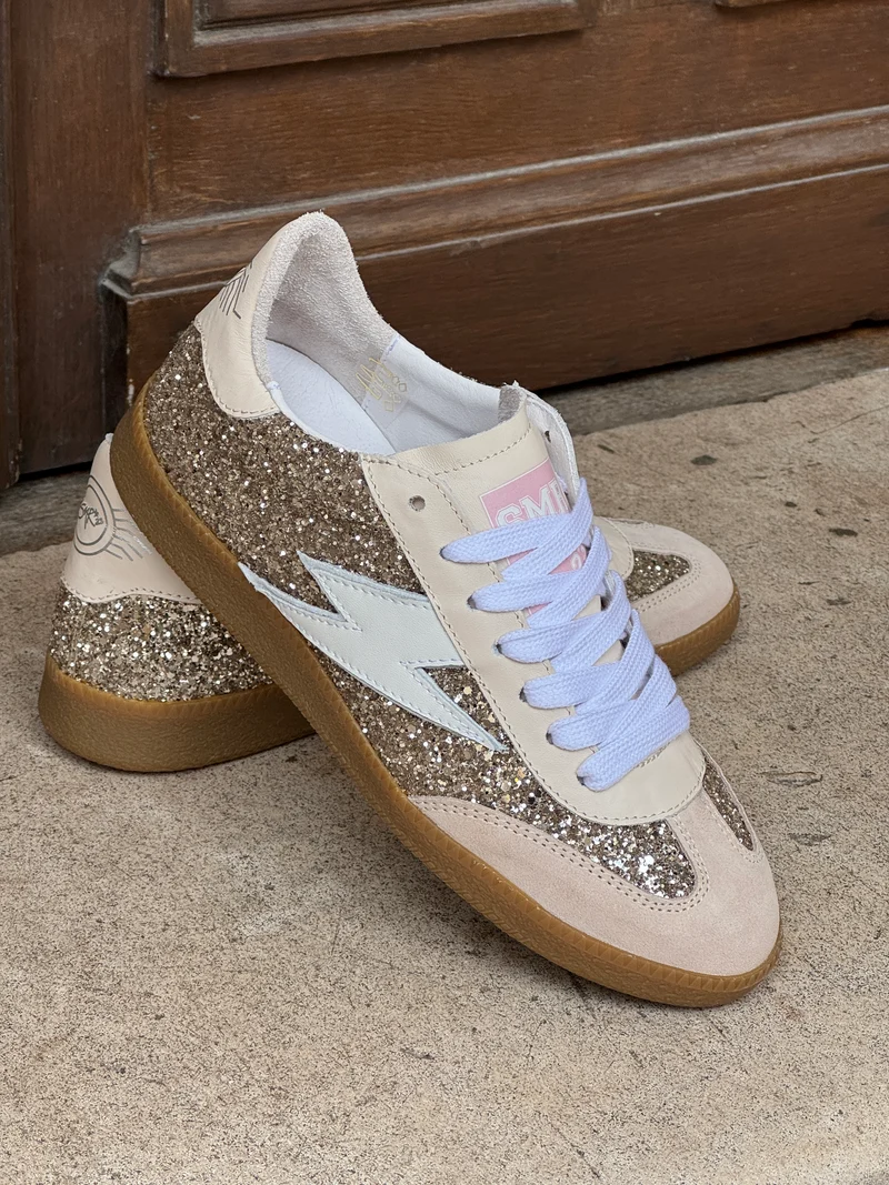 Basket en cuir beige paillettes dorées EMILY D325 Semerdjian