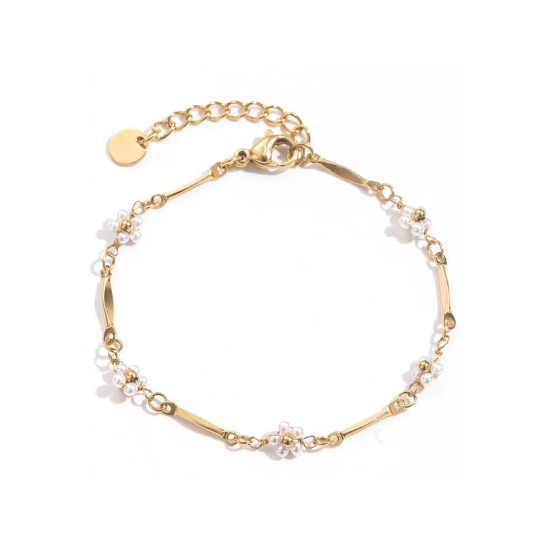 Bracelet Doré Fleur Nacrée et Perle acier inoxydable