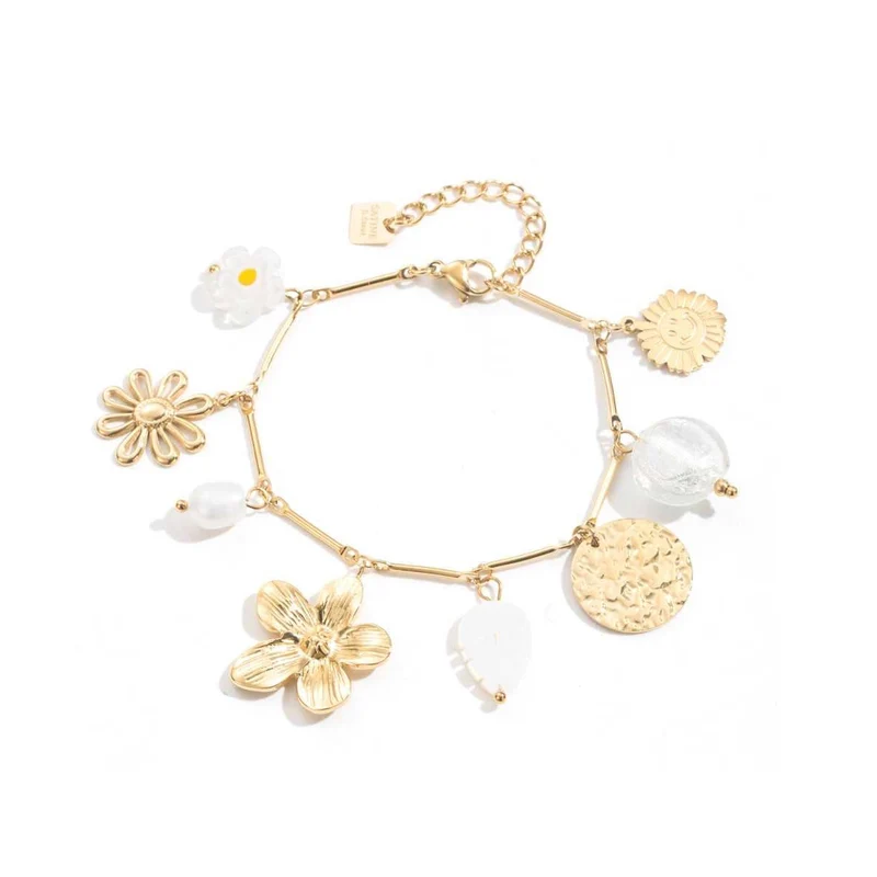 Bracelet Charms Doré Blanc Fleurs, Résine et Pièces Martelées acier inoxydable