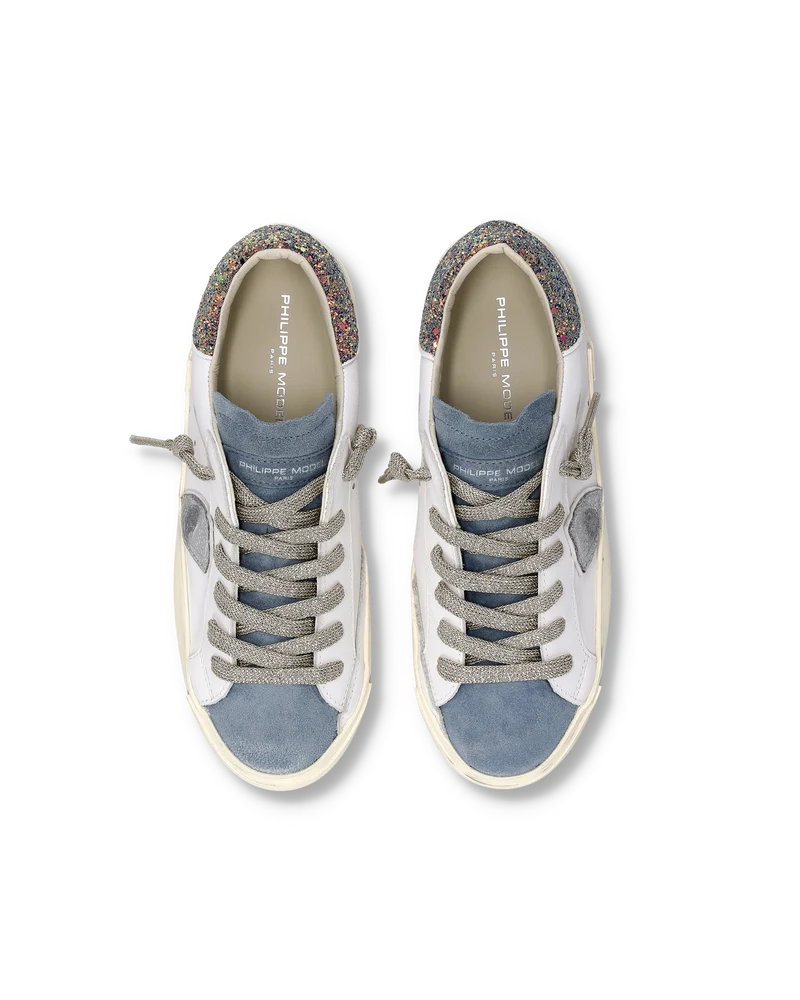 Sneakers Prsx Women with Glitter heel tab, White Blue