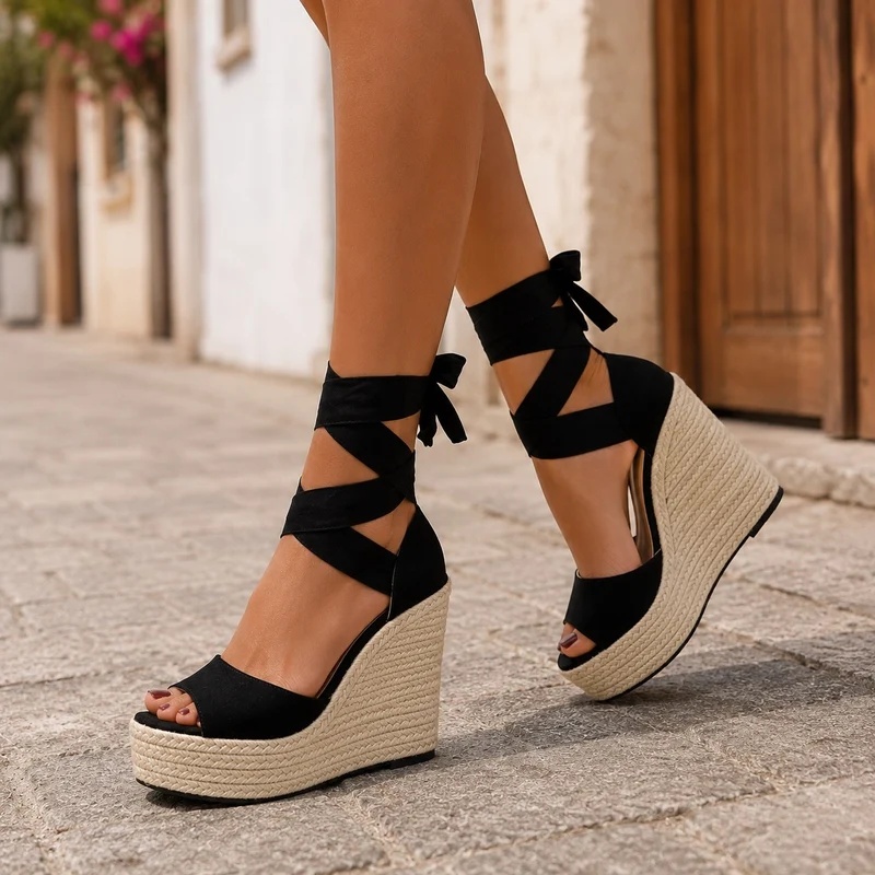 Wedge Heel Sandal with Bow Tie Closure