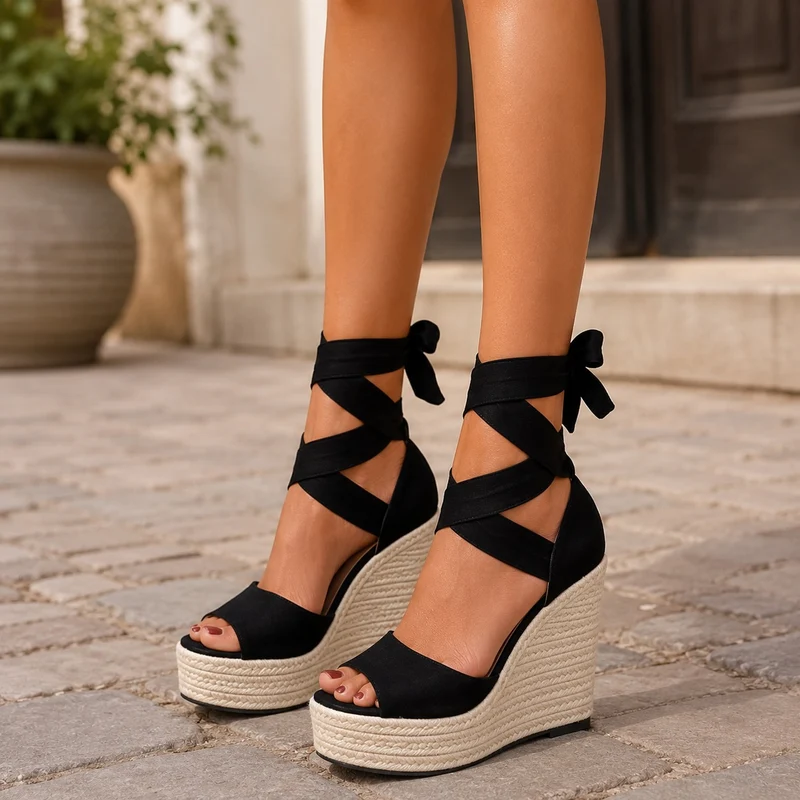 Wedge Heel Sandal with Bow Tie Closure