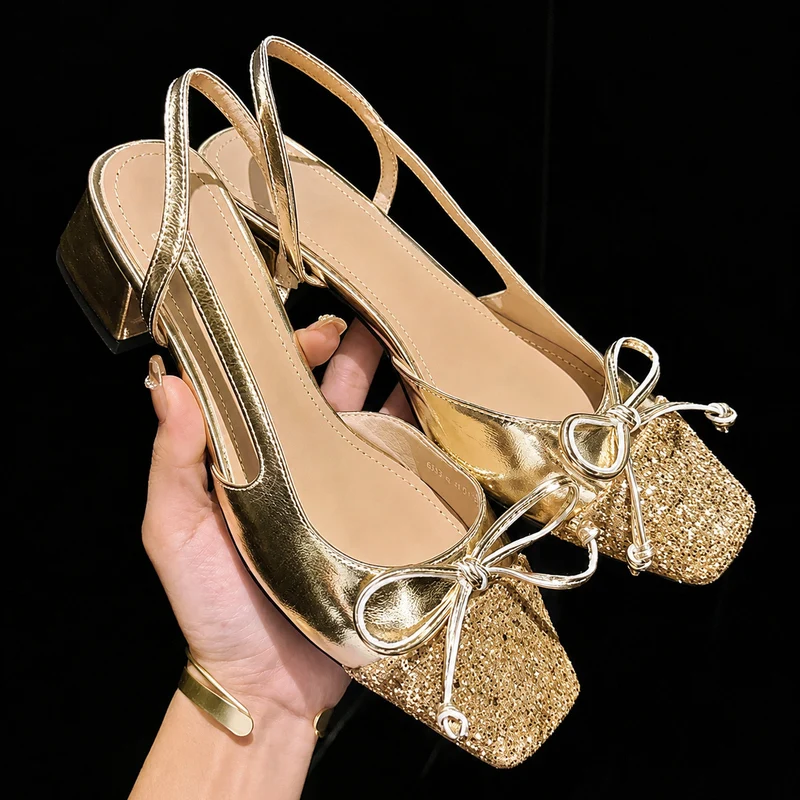 Gold Low Heel Ballerina Style Sandal