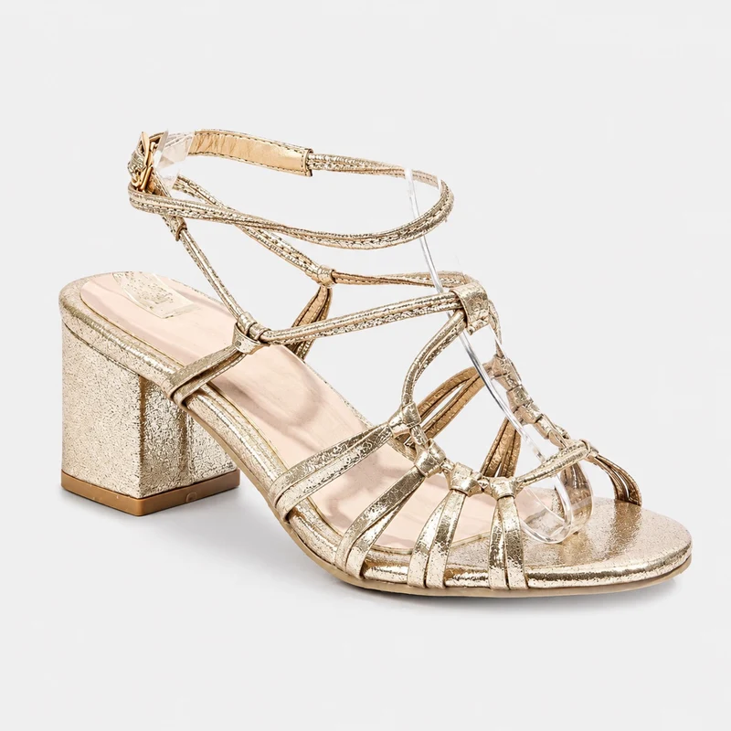 Gold Chunky High Heel Sandal with Thin Straps