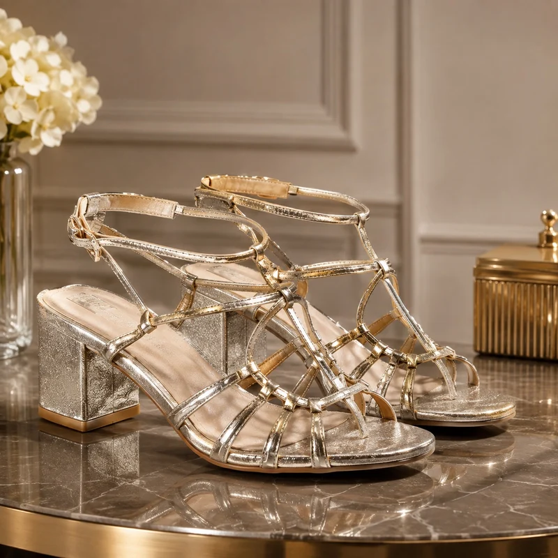 Gold Chunky High Heel Sandal with Thin Straps