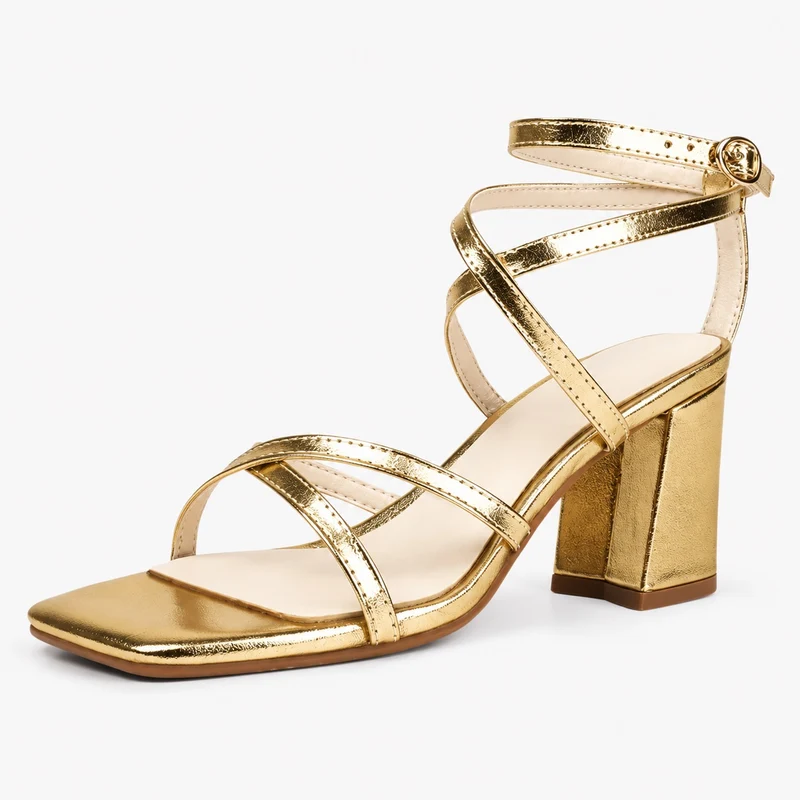 Gold High Heel Sandal with Thin Crisscross Straps