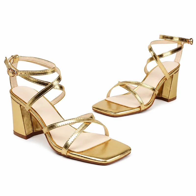Gold High Heel Sandal with Thin Crisscross Straps
