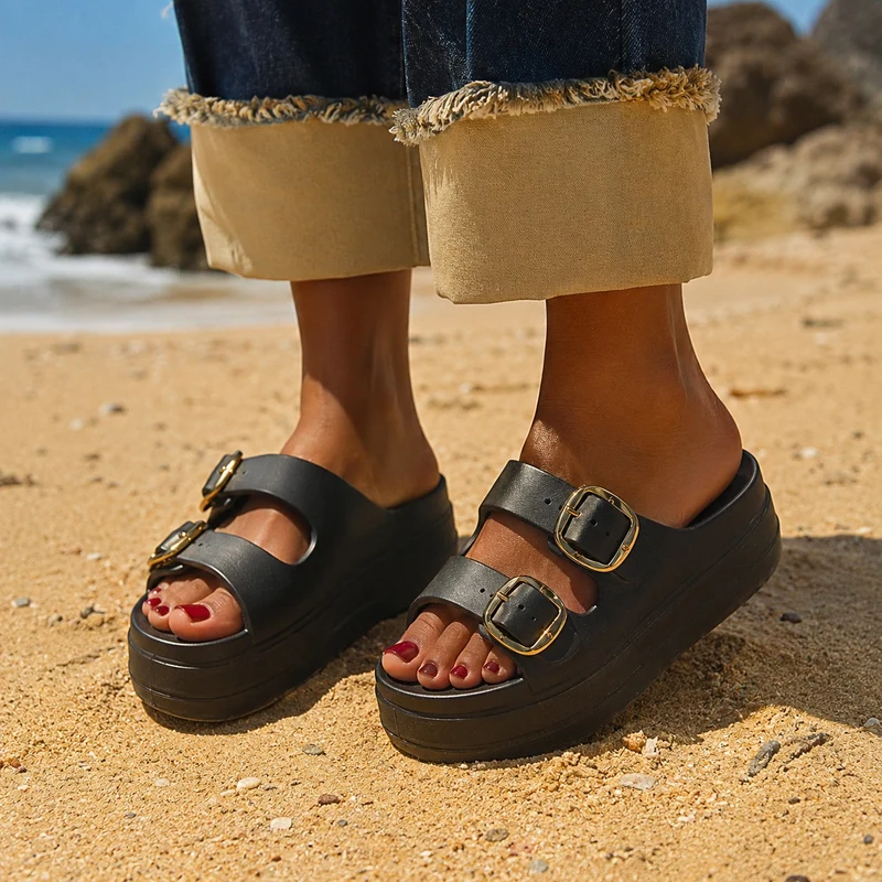 Elegant and Thick Black Platform Heel Sandal