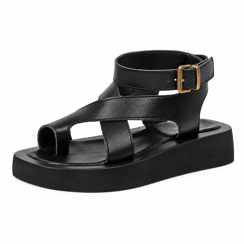 Elegant Black Leather Platform Heel Sandal