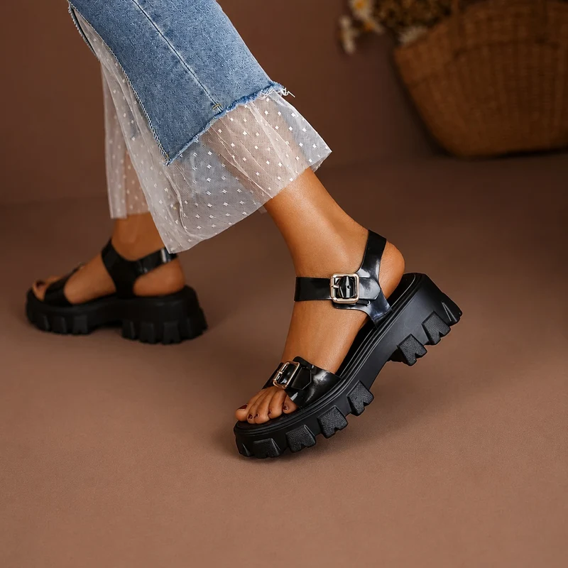 Platform Heel Sandal with Double Buckle Closure