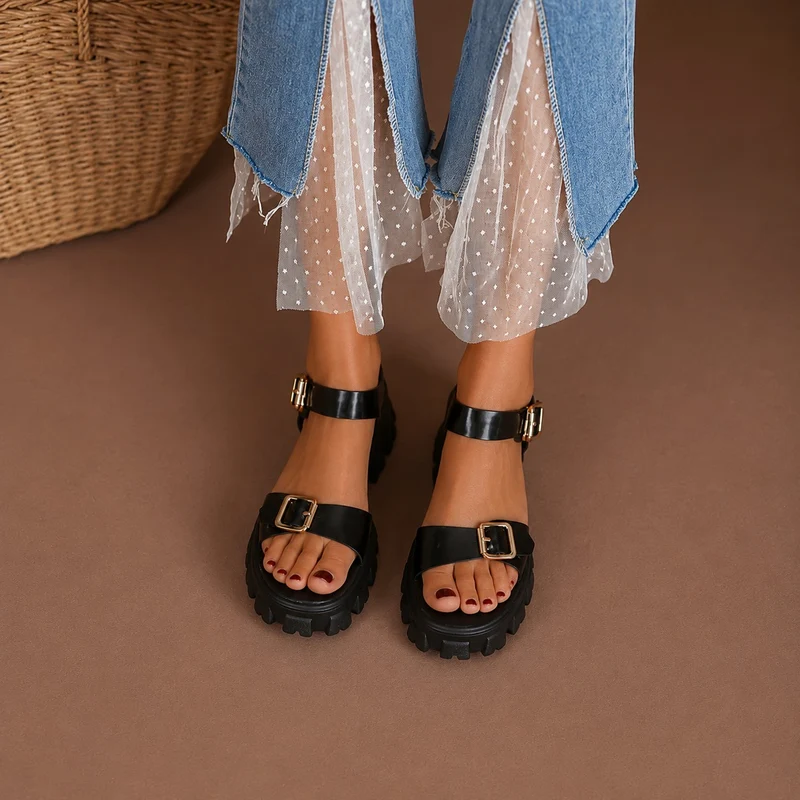 Platform Heel Sandal with Double Buckle Closure