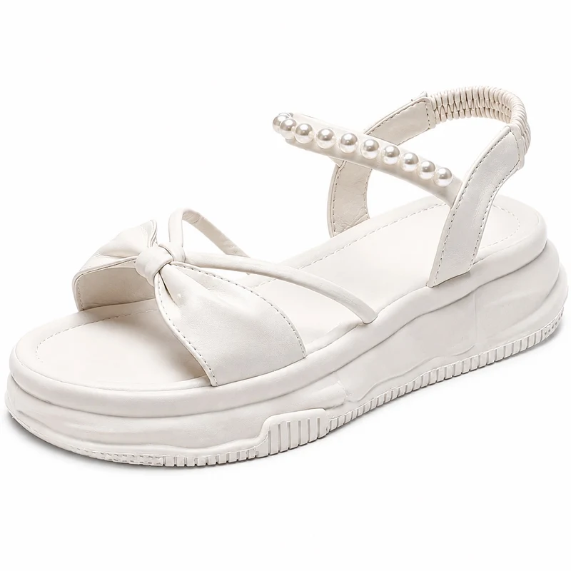 Platform Heel Sandal with Elastic Pearl Closure
