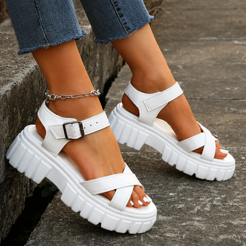 White Thick Strap Platform Heel Sandal