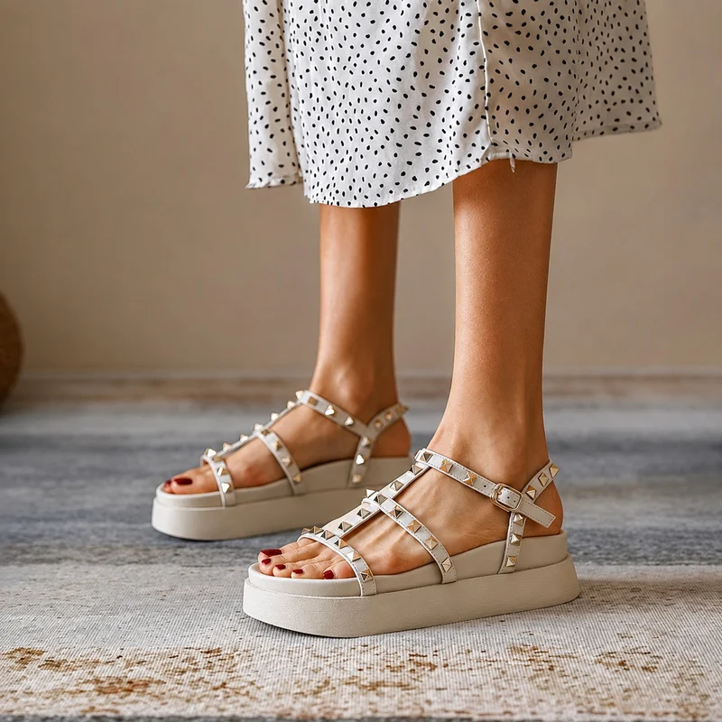White Studded Strap Platform Heel Sandal