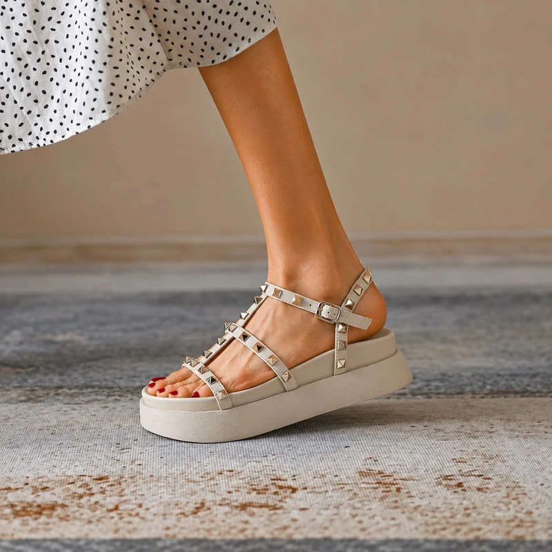 White Studded Strap Platform Heel Sandal