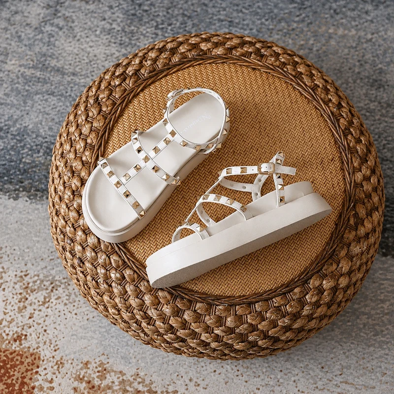 White Studded Strap Platform Heel Sandal