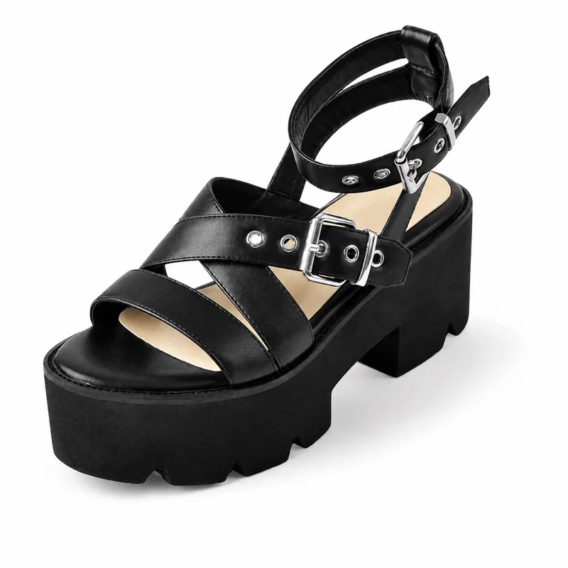 Black Strappy Platform Heel Sandal