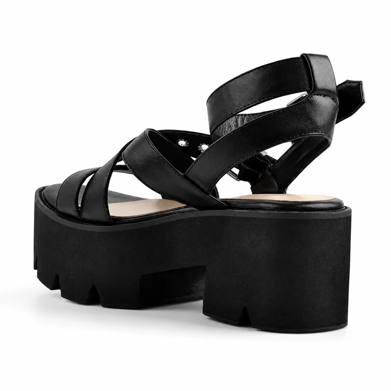 Black Strappy Platform Heel Sandal