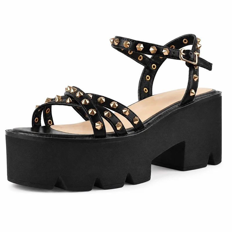 Platform Heel Sandal with Thin Studded Straps